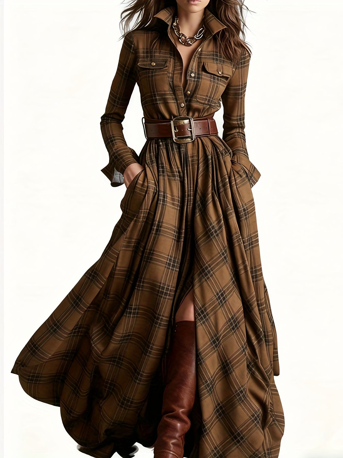 Women'S Vintage Shirt Dress - Long Formal & casual dresses with Turn- Collar, Flared Hem, All-Season Elegant office party Outfit in Brown/Red Plaid - Non-Padded Retro Attire