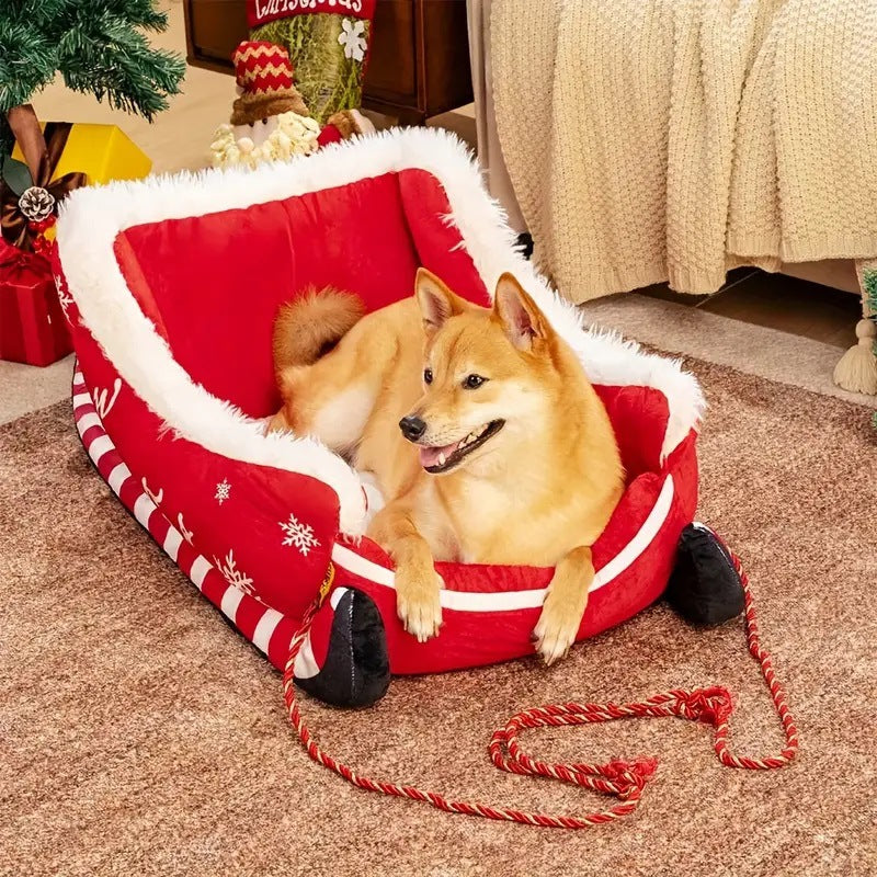 Christmas Sled Dog Bed – Plush Winter Pet Bed with Removable Washable Cover (S/M/L)