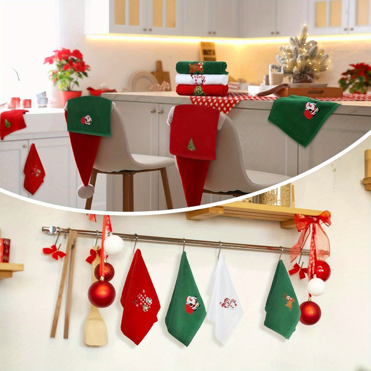 [Christmas] Set of Three Decorative Hand Towels for Christmas Featuring Embroidered Designs of Santa Claus, a Reindeer, a Snowman, And a Christmas Tree. Ideal for Use in The Kitchen Or Bathroom, These Towels Are Perfect for D