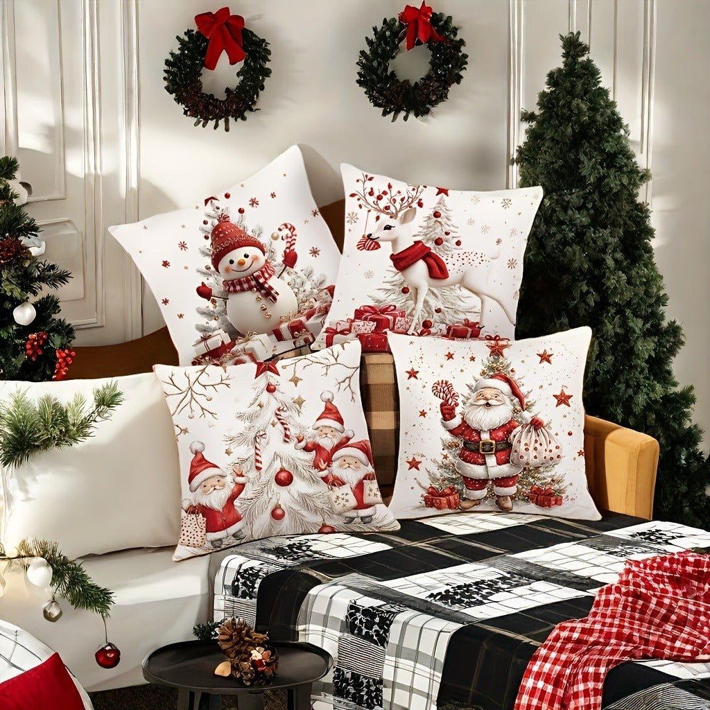 4pcs-Christmas pillowcase set, modern polyester decorative pillowcase, with zipper, 17.72 inches - printed with holiday snowman, reindeer, Santa Claus and gnome, suitable for sofa, living room and office decoration - washable