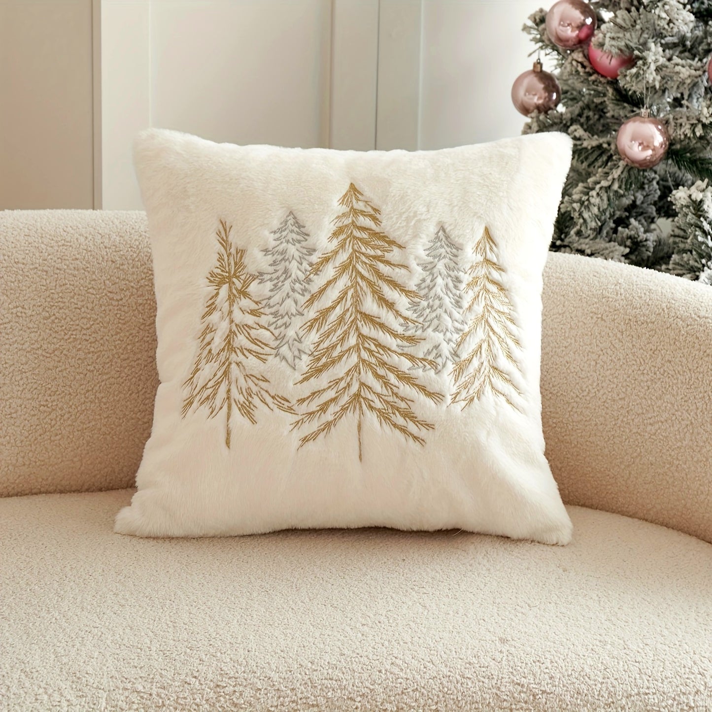 Christmas Tree Embroidered Pillowcase – Gold & Silver Holiday Décor (Cover Only)