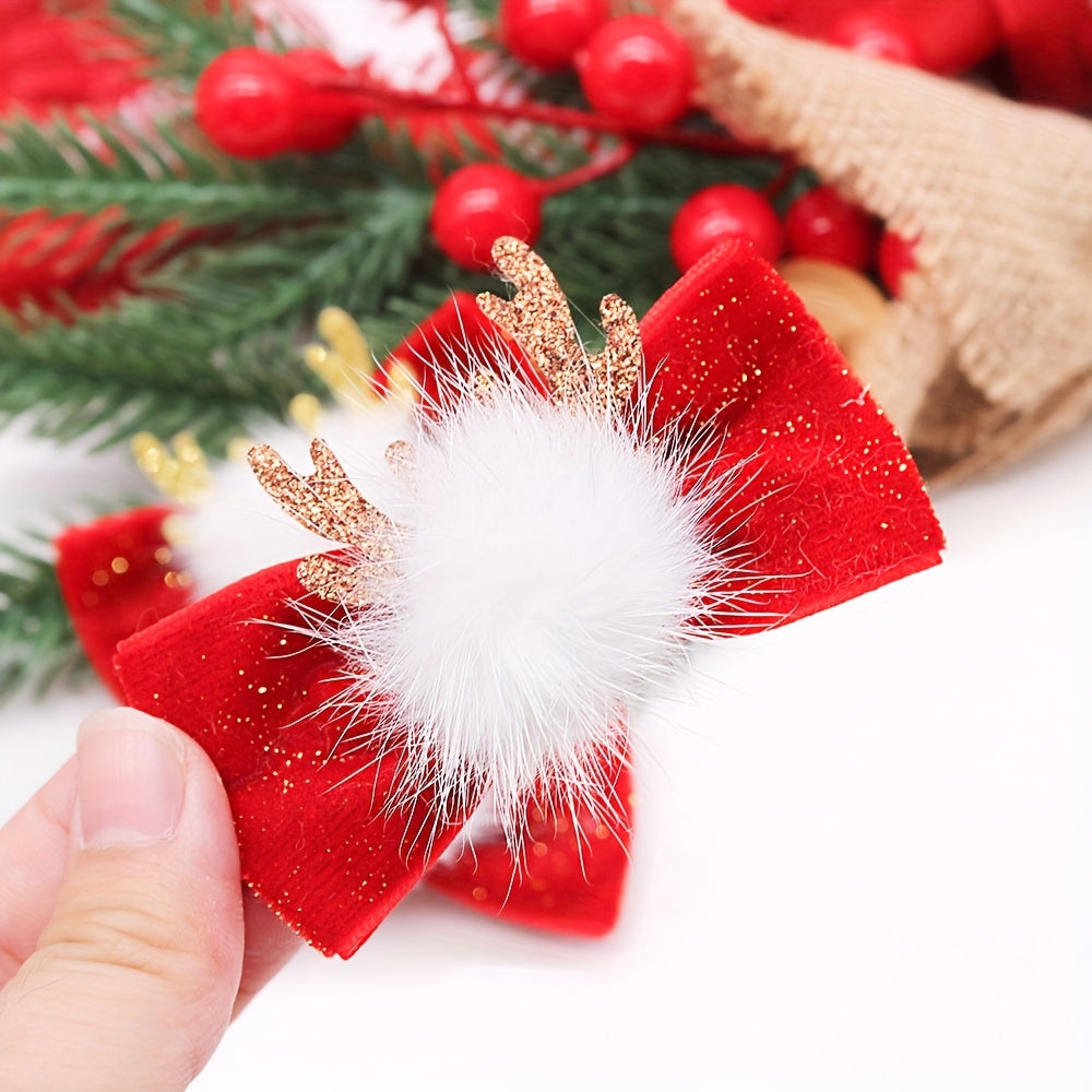 3pcs Handmade Plush Dog Bows with Antlers - Large Removable Hair Clips for Christmas, New Year & Winter Parties, Soft Pet Grooming Accessories (Golden/Brown/White) - for Pomeranian, Shih Tzu, Poodle, Yorkshire Terrier & Small