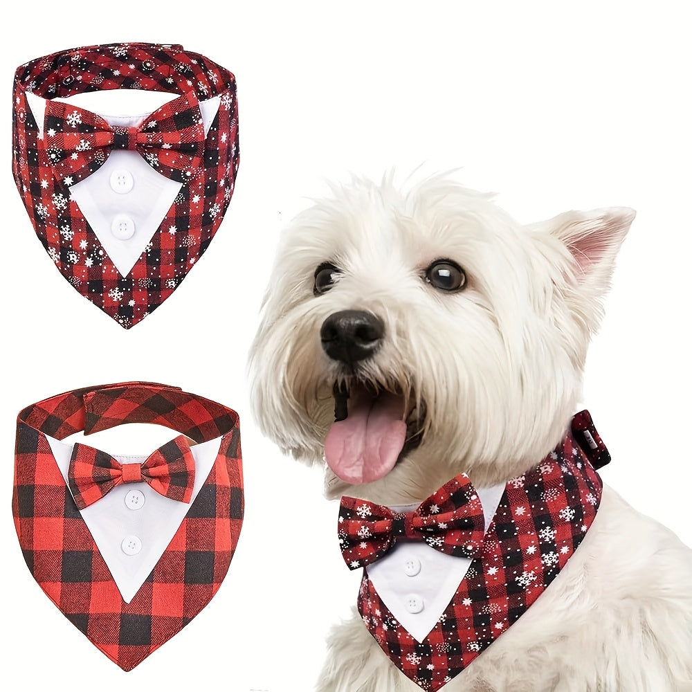 All-Season Dog Scarf with Bow Tie - Red & Black Plaid Winter Snow Pattern, Magic Tape Closure for Small/Medium/Large Dogs, Cute Pet Apparel for Christmas & New Year Gifts, Year-Round Wearable Accessory