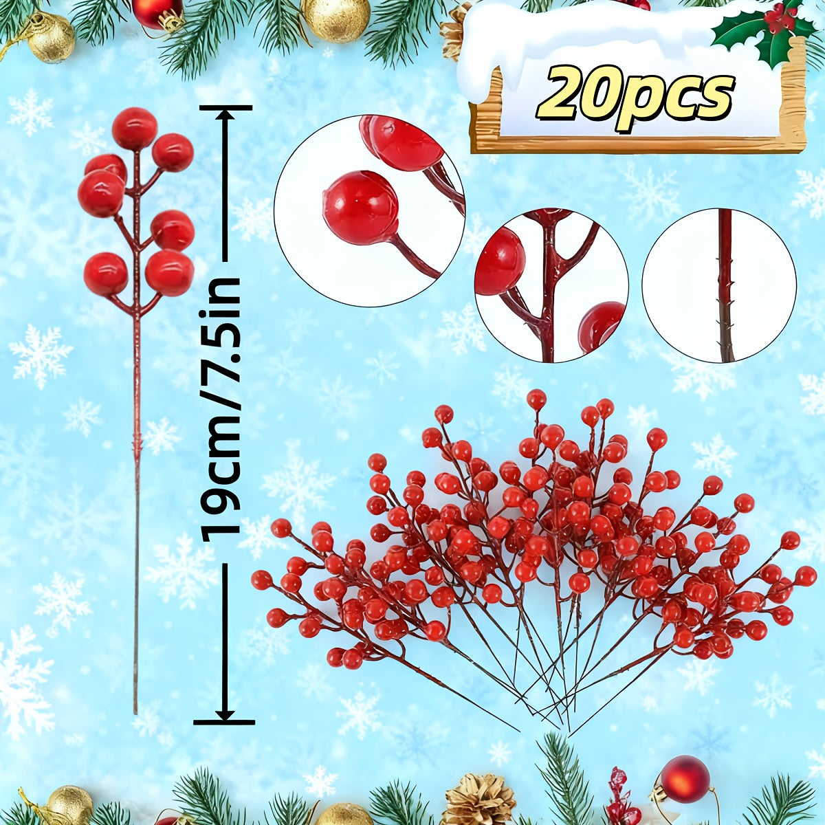 Artificial Red Berry Branches (20 pcs) – Holiday Greenery for Wreaths & Home Décor
