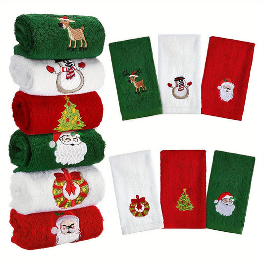 [Christmas] Set of Three Decorative Hand Towels for Christmas Featuring Embroidered Designs of Santa Claus, a Reindeer, a Snowman, And a Christmas Tree. Ideal for Use in The Kitchen Or Bathroom, These Towels Are Perfect for D