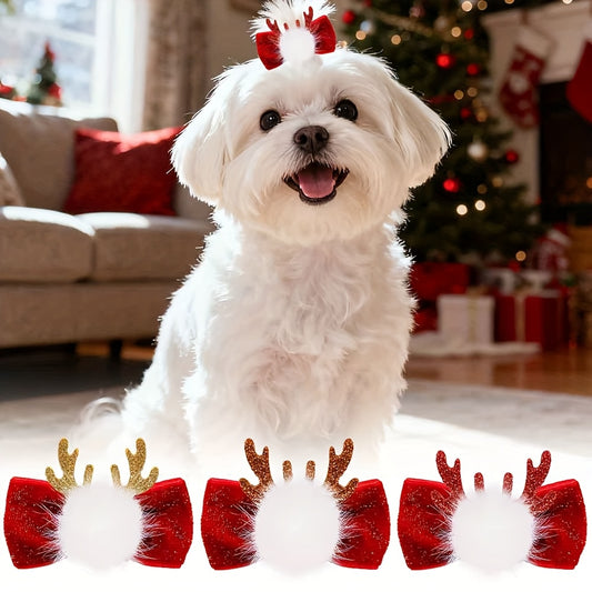 3pcs Handmade Plush Dog Bows with Antlers - Large Removable Hair Clips for Christmas, New Year & Winter Parties, Soft Pet Grooming Accessories (Golden/Brown/White) - for Pomeranian, Shih Tzu, Poodle, Yorkshire Terrier & Small