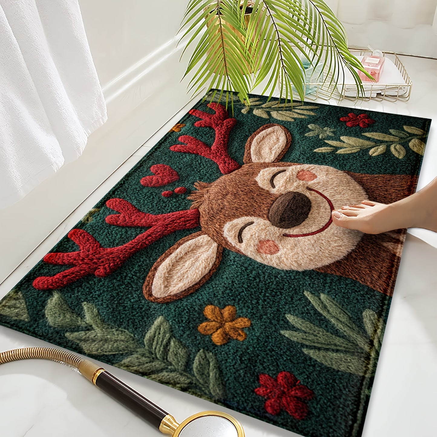 Fluffy Christmas Deer Microfiber Bath Mat - Quick-Dry & Absorbent, Festive Holiday Design with Red Berries & Green Leaves, Perfect for Kitchen & Bathroom Decor, Machine Washable, Christmas Bathroom Decor