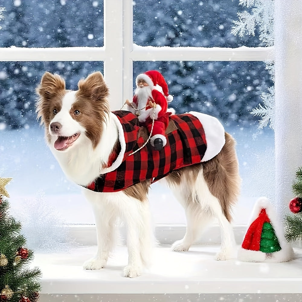Dog & Cat Christmas Costume - Santa Claus Riding Hooded Coat with Plaid Winter Outfit, Magic Tape Closure, Soft Xmas Dog Clothes for Medium Dogs & Cats, Holiday Party Attire & Pet Photo Shoots