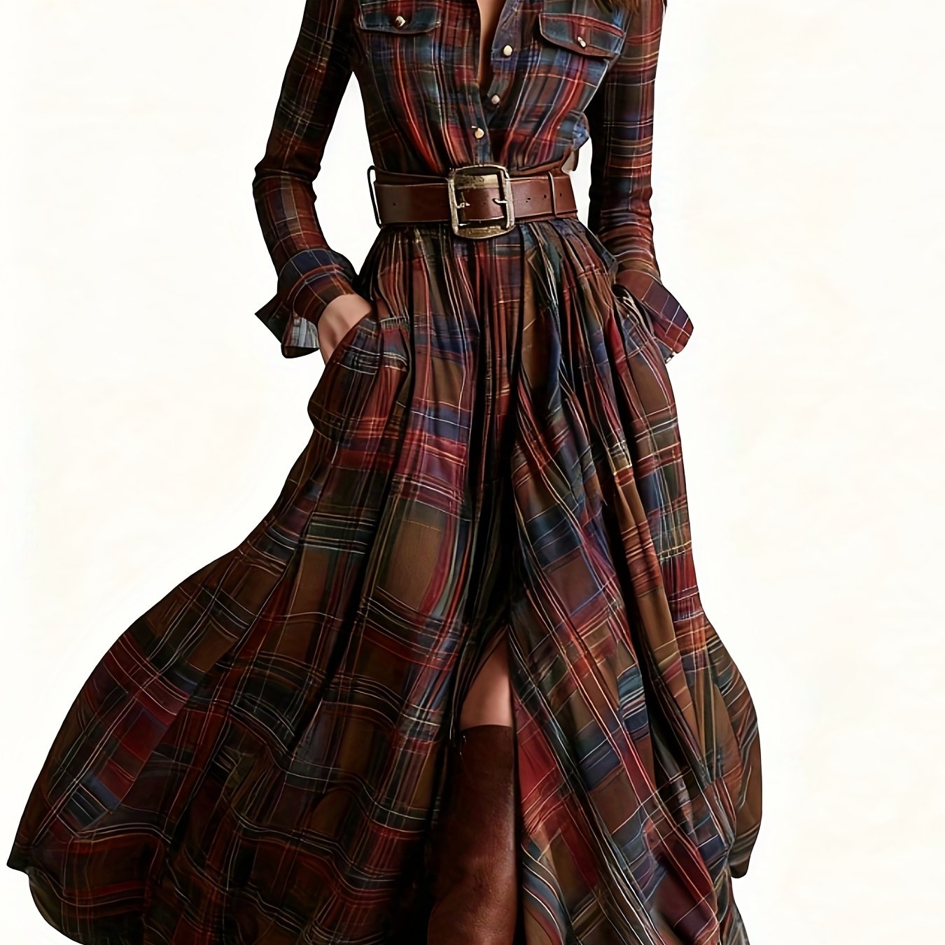 Women'S Vintage Shirt Dress - Long Formal & casual dresses with Turn- Collar, Flared Hem, All-Season Elegant office party Outfit in Brown/Red Plaid - Non-Padded Retro Attire