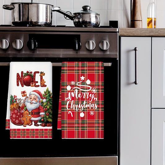 [Christmas Kitchen Towel] 1pc Christmas Kitchen Towel - Santa Claus & Reindeer Design, Red Plaid with White Trim, Quick-Dry Microfiber Dishcloth for Cooking, Baking, Housewarming Gift, Holiday Bathroom & Kitchen Decor
