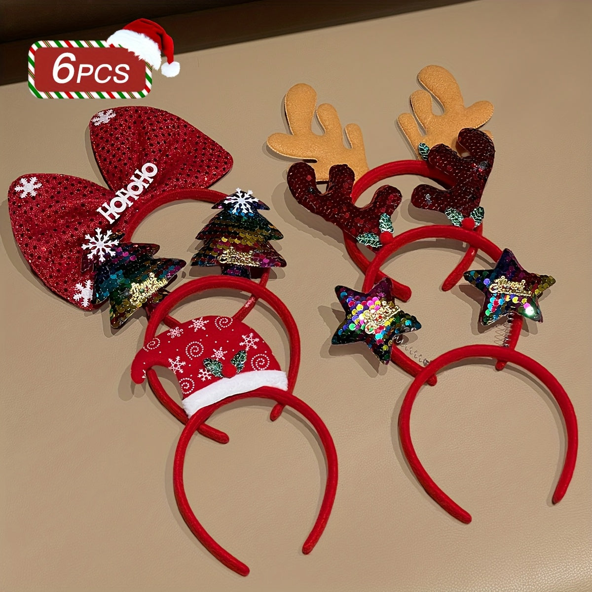 6pcs Women's Fashion Elegant Cute Christmas Hair Accessories, Sparkly Reindeer Antler Bow Headband, Christmas Decor, Party Cosplay, Women's Hair Ornaments, Christmas Gift, Christmas Decorations, Holiday Party Accessories, Spa