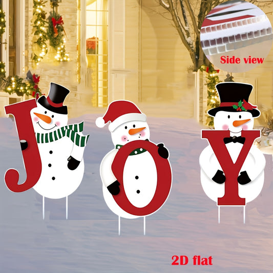 2D Flat - 3pcs JOY Snowman 2D Flat Yard Stakes | Durable Polypropylene Christmas Lawn Decor, Vintage Style, and Red, Pole Mount, Ideal for Winter Garden and Holiday Decoration