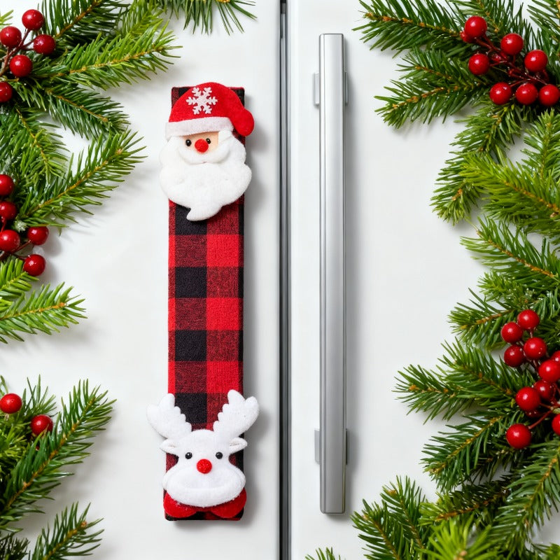 Festive Christmas Oven & Fridge Handle Cover with Plaid & Reindeer Antlers - Red/Green/Black Fabric Appliance, Battery-Free ic-like Fridge Door for Refrigerator & Stove (Compatible with Most Ovens) - Holiday Home