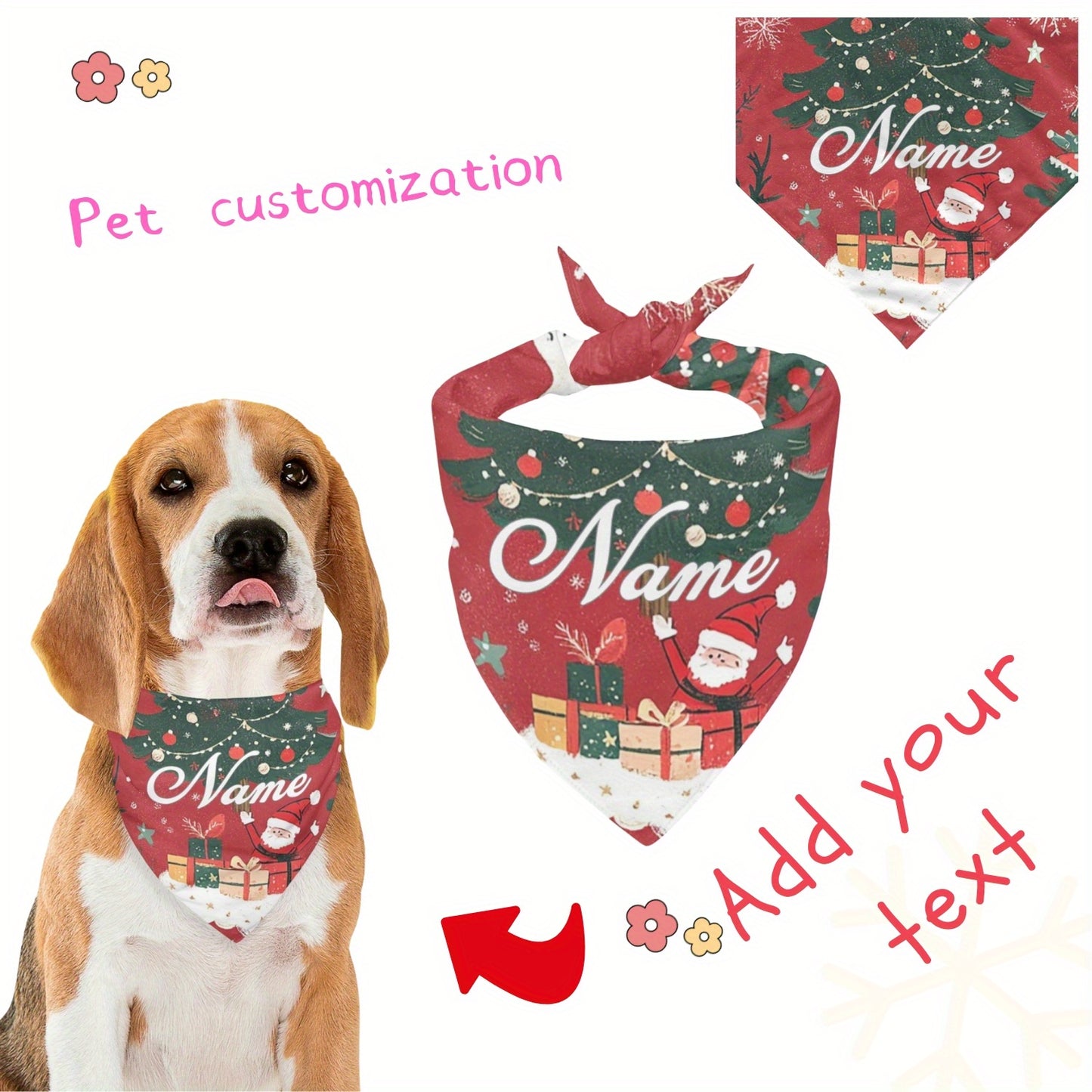 Personalized Christmas Pet Bandana – Santa & Tree Design Dog Scarf (S/M/L)