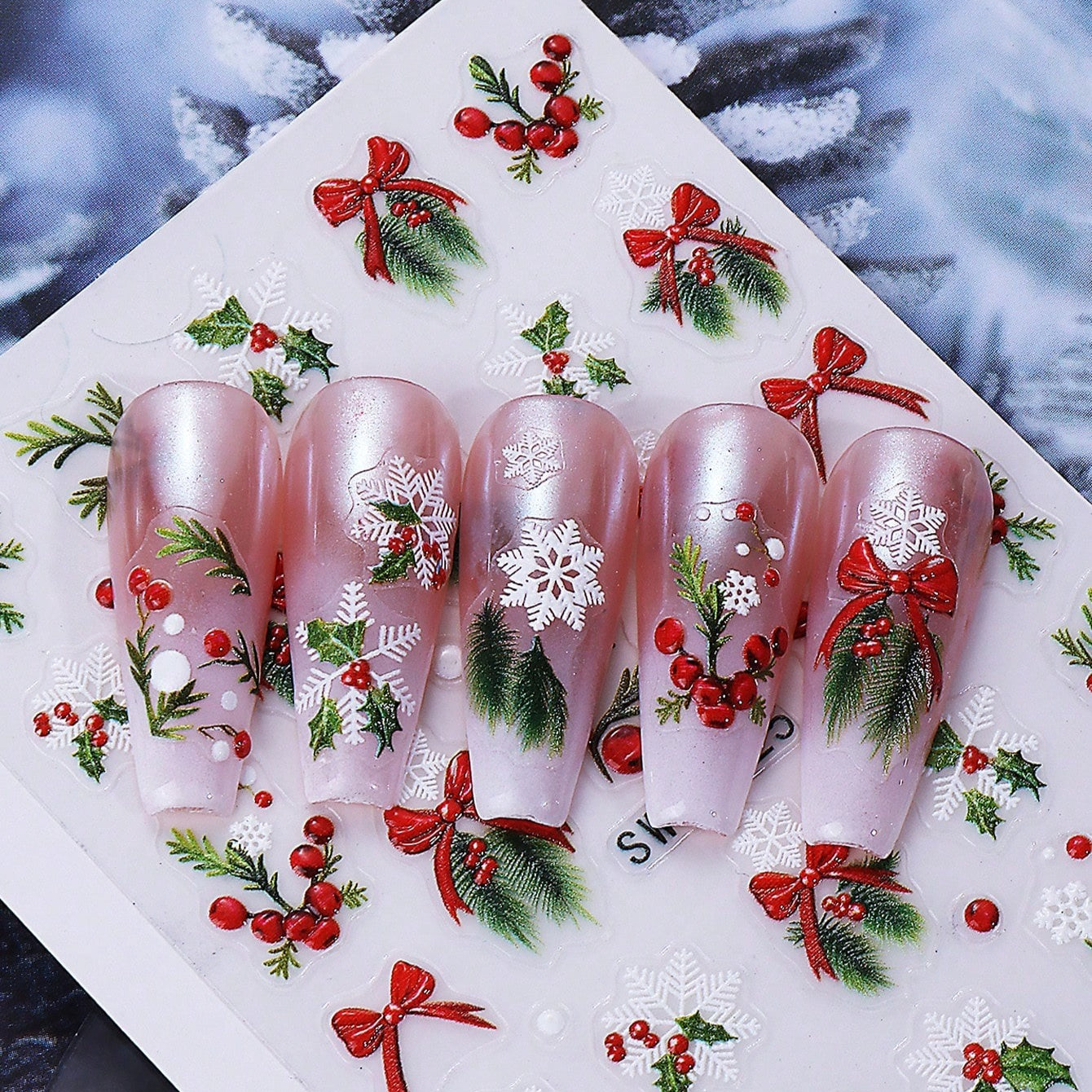 2pcs Self-Adhesive 5D Embossed Christmas Nail Stickers - Red & Golden Holly Berry Snowflake 3D Decals, DIY Winter Nail Art with Sliders for Press-On Nails, Glossy (No Glue) - Plastic Holiday Manicure for Parties & Gifts