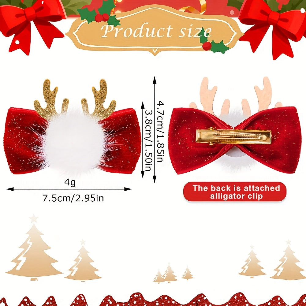 3pcs Handmade Plush Dog Bows with Antlers - Large Removable Hair Clips for Christmas, New Year & Winter Parties, Soft Pet Grooming Accessories (Golden/Brown/White) - for Pomeranian, Shih Tzu, Poodle, Yorkshire Terrier & Small