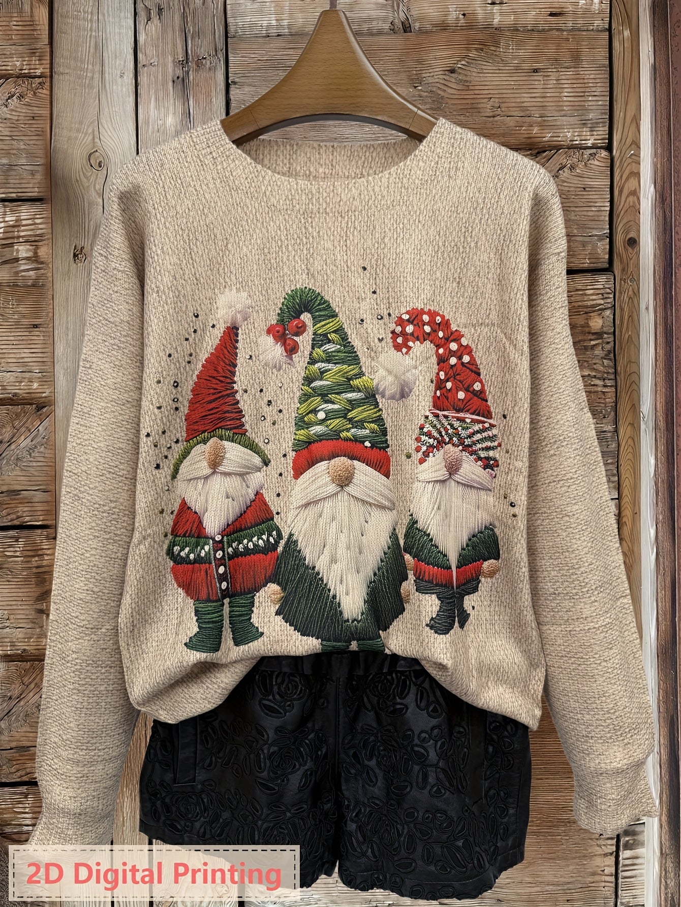 Women'S 3D Printed Long Sleeve Crew Neck Sweater - Ultra HD Gothic Raven & Santa Claus Design, Lightweight All-Over Print, Casual Elegant Style, Regular Fit