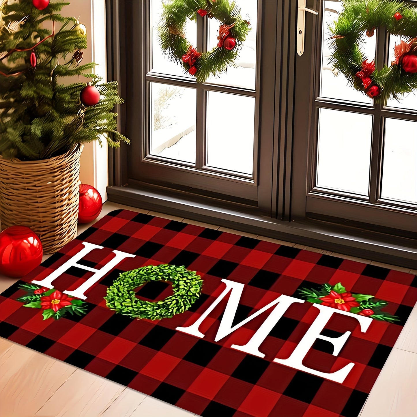 [Festive Christmas Doormat] Christmas-Themed Welcome Doormat - 1pc Festive Wreath Design with "HOME" Text | Washable Polyester, Ideal for Entryway, Bedroom, Bathroom, Kitchen, Laundry Room - Holiday Home Decor, Christmas Deco