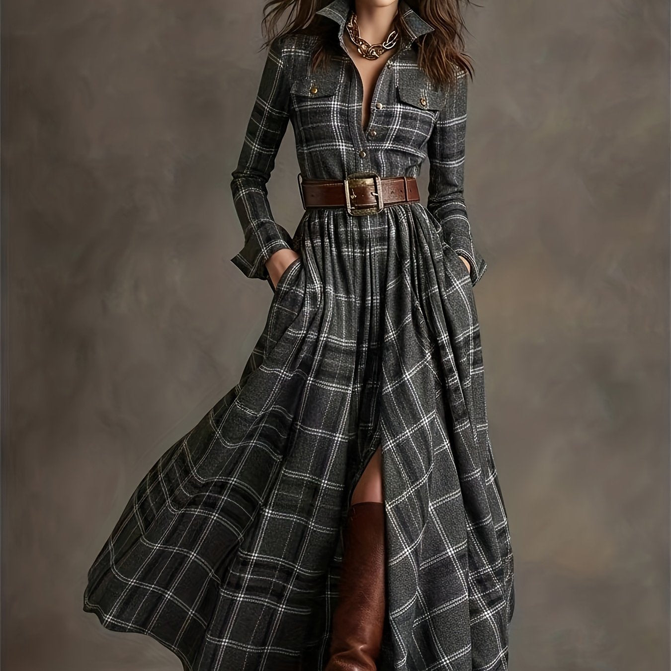 Women'S Vintage Shirt Dress - Long Formal & casual dresses with Turn- Collar, Flared Hem, All-Season Elegant office party Outfit in Brown/Red Plaid - Non-Padded Retro Attire