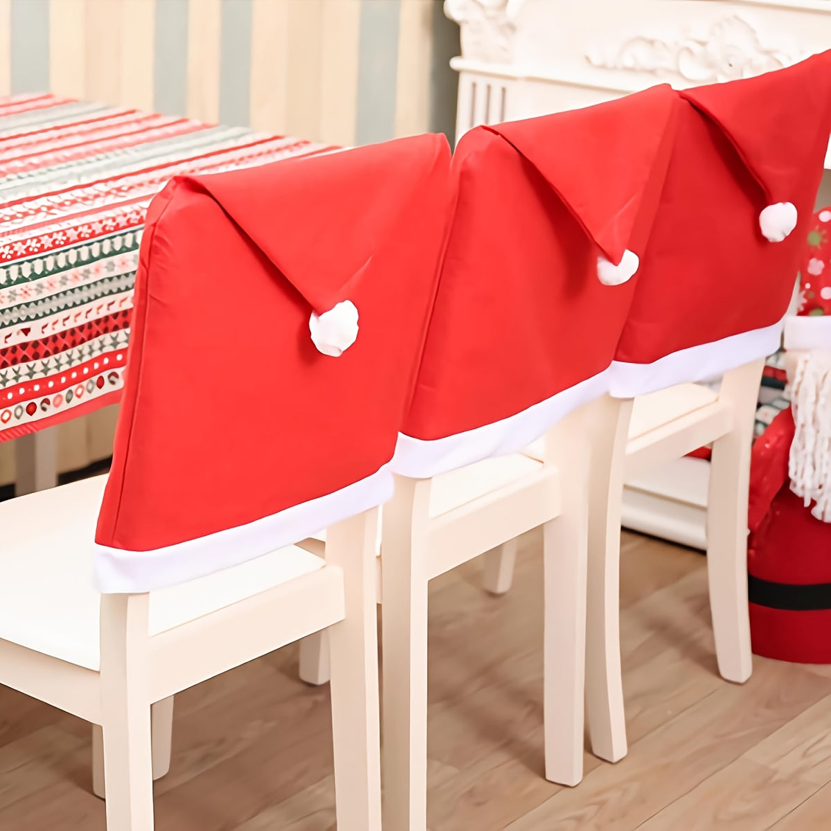 [Festive Red Chair Covers] 4pcs Festive Red Chair Covers with Santa Hat Design - Polyester, Hand Wash Only, Perfect for Christmas Dining & Living Room Decor, Adds Holiday Cheer to Your Table Setting, Christmas Decorations, Ch