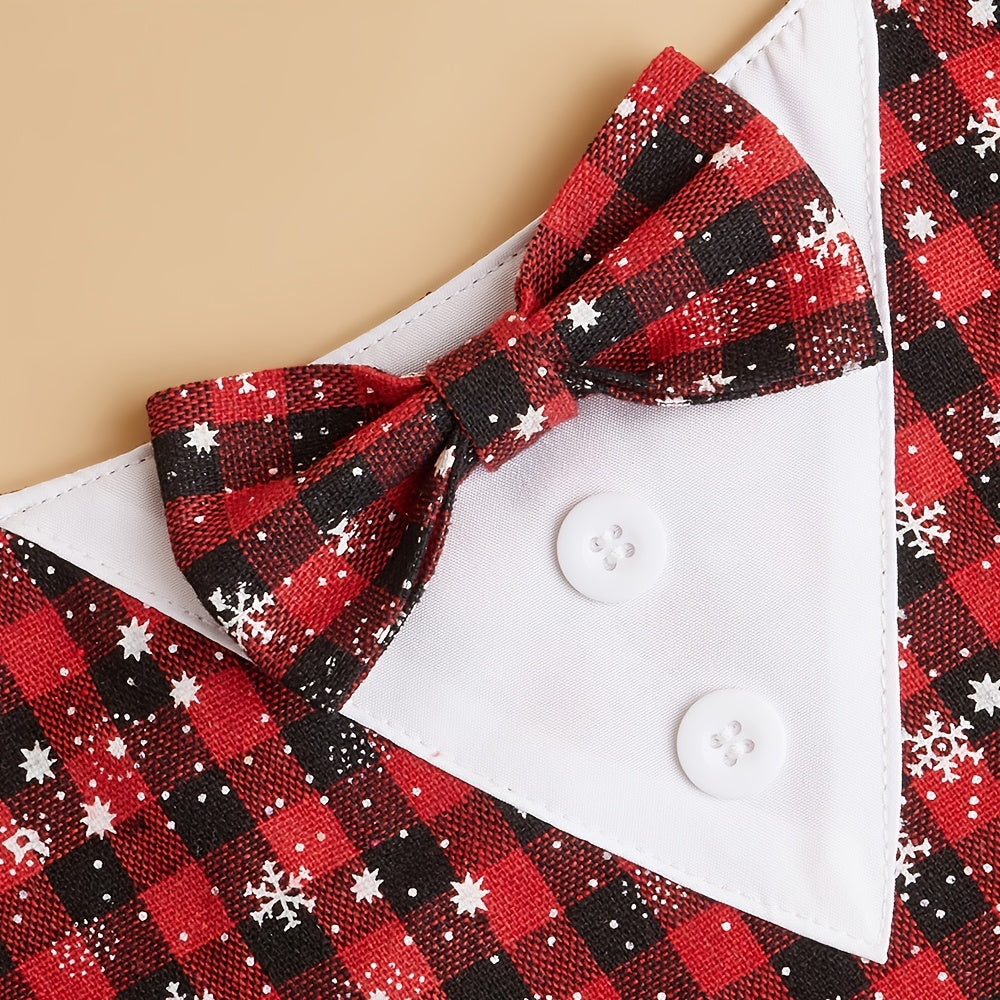 All-Season Dog Scarf with Bow Tie - Red & Black Plaid Winter Snow Pattern, Magic Tape Closure for Small/Medium/Large Dogs, Cute Pet Apparel for Christmas & New Year Gifts, Year-Round Wearable Accessory