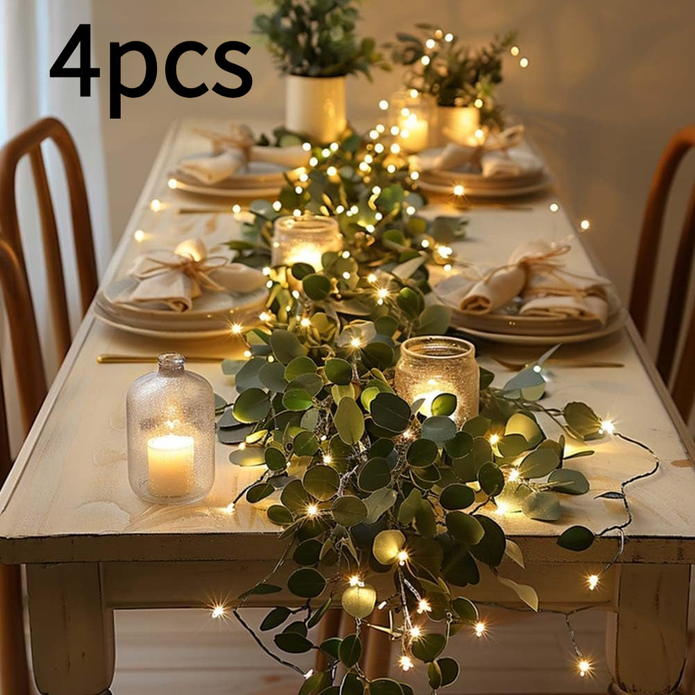 4pcs 78.74-Inch 20-Light Eucalyptus Leaf Wreath String Pendant with Teardrop Top - Battery-Powered Christmas Decoration with Warm Light, Realistic Leaves, Perfect for Centerpieces, Holiday Decorations, Classic Design.