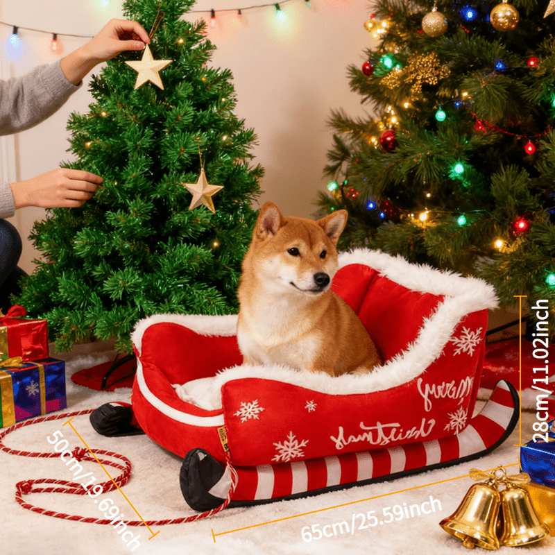 Christmas Sled Dog Bed – Plush Winter Pet Bed with Removable Washable Cover (S/M/L)