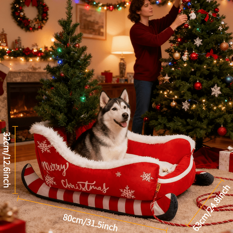 Christmas Sled Dog Bed – Plush Winter Pet Bed with Removable Washable Cover (S/M/L)