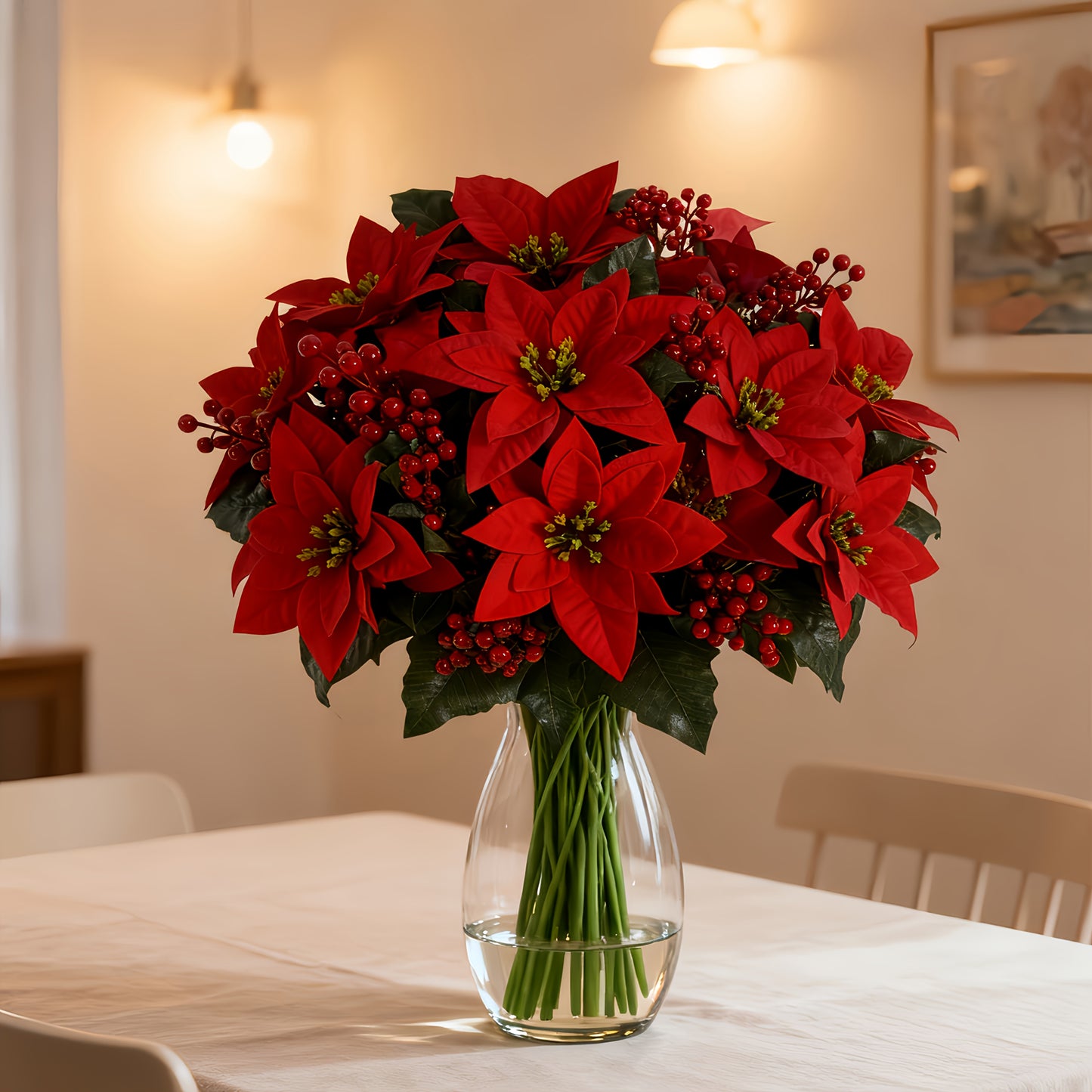 Artificial Poinsettia Branches (12 pcs) – Red Flowers & Berries Christmas Décor