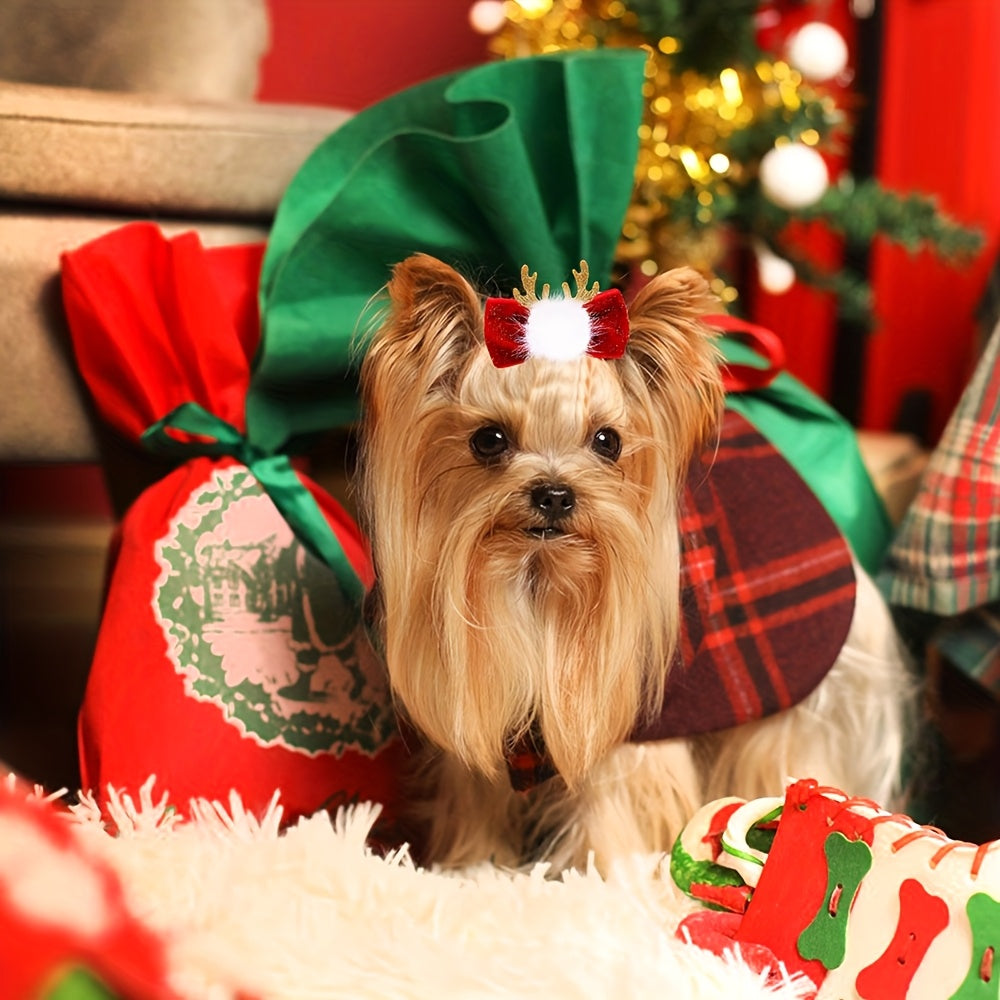 3pcs Handmade Plush Dog Bows with Antlers - Large Removable Hair Clips for Christmas, New Year & Winter Parties, Soft Pet Grooming Accessories (Golden/Brown/White) - for Pomeranian, Shih Tzu, Poodle, Yorkshire Terrier & Small