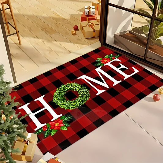 [Festive Christmas Doormat] Christmas-Themed Welcome Doormat - 1pc Festive Wreath Design with "HOME" Text | Washable Polyester, Ideal for Entryway, Bedroom, Bathroom, Kitchen, Laundry Room - Holiday Home Decor, Christmas Deco