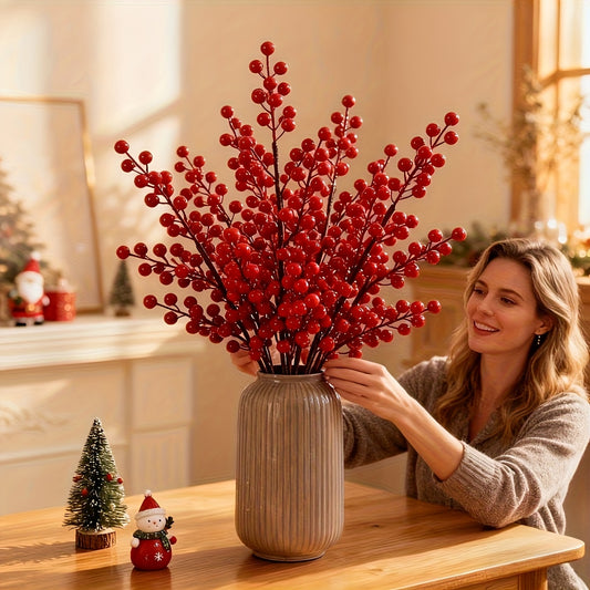 Artificial Red Berry Branches (20 pcs) – Holiday Greenery for Wreaths & Home Décor