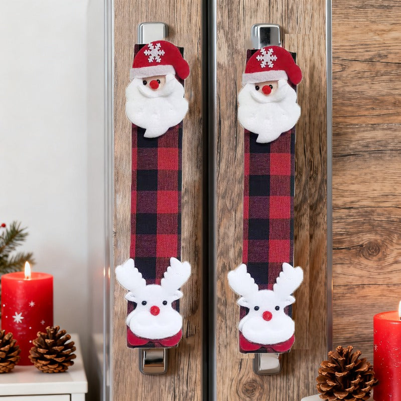Festive Christmas Oven & Fridge Handle Cover with Plaid & Reindeer Antlers - Red/Green/Black Fabric Appliance, Battery-Free ic-like Fridge Door for Refrigerator & Stove (Compatible with Most Ovens) - Holiday Home
