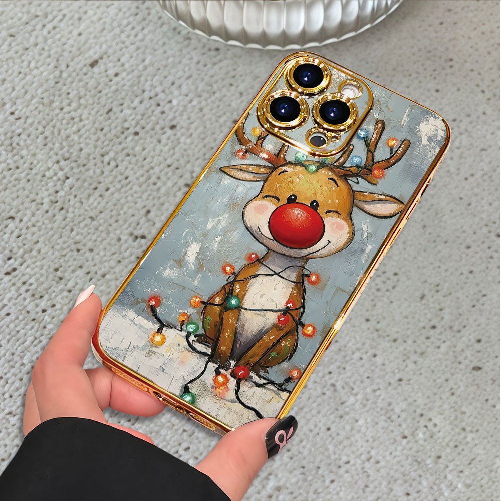 Festive hand-painted reindeer with colorful lights, warm winter vibe | PC hard case | Premium electroplating, lightweight design, comfortable grip highlights personality | Compatible with iPhone 17/ 16/ 15/ 14/ 13/ 12/ 11 Pro