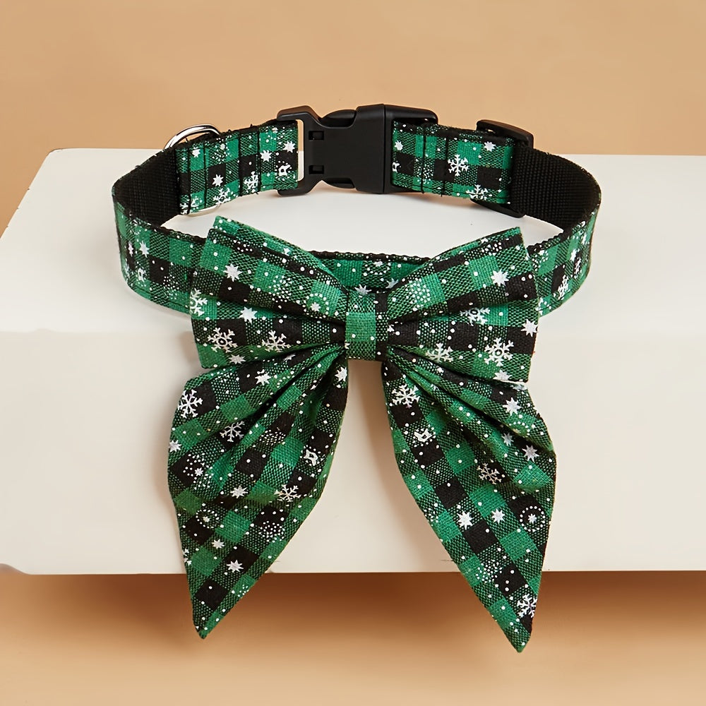 [Christmas Bowtie Collar] Festive MiTOOE Christmas Bowtie Collar for Medium & Large Dogs - Red & Black Plaid with Snowflake Design, Durable Polyester, Perfect for Holiday Celebrations, Dog Christmas Clothes