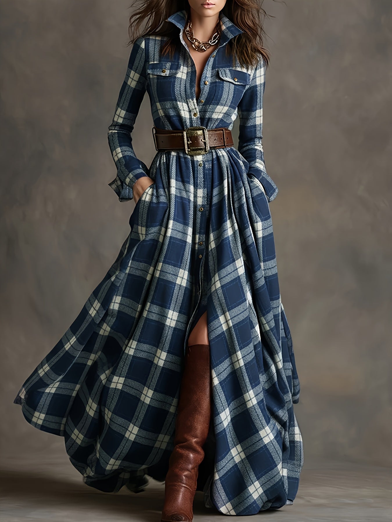 Women'S Vintage Shirt Dress - Long Formal & casual dresses with Turn- Collar, Flared Hem, All-Season Elegant office party Outfit in Brown/Red Plaid - Non-Padded Retro Attire