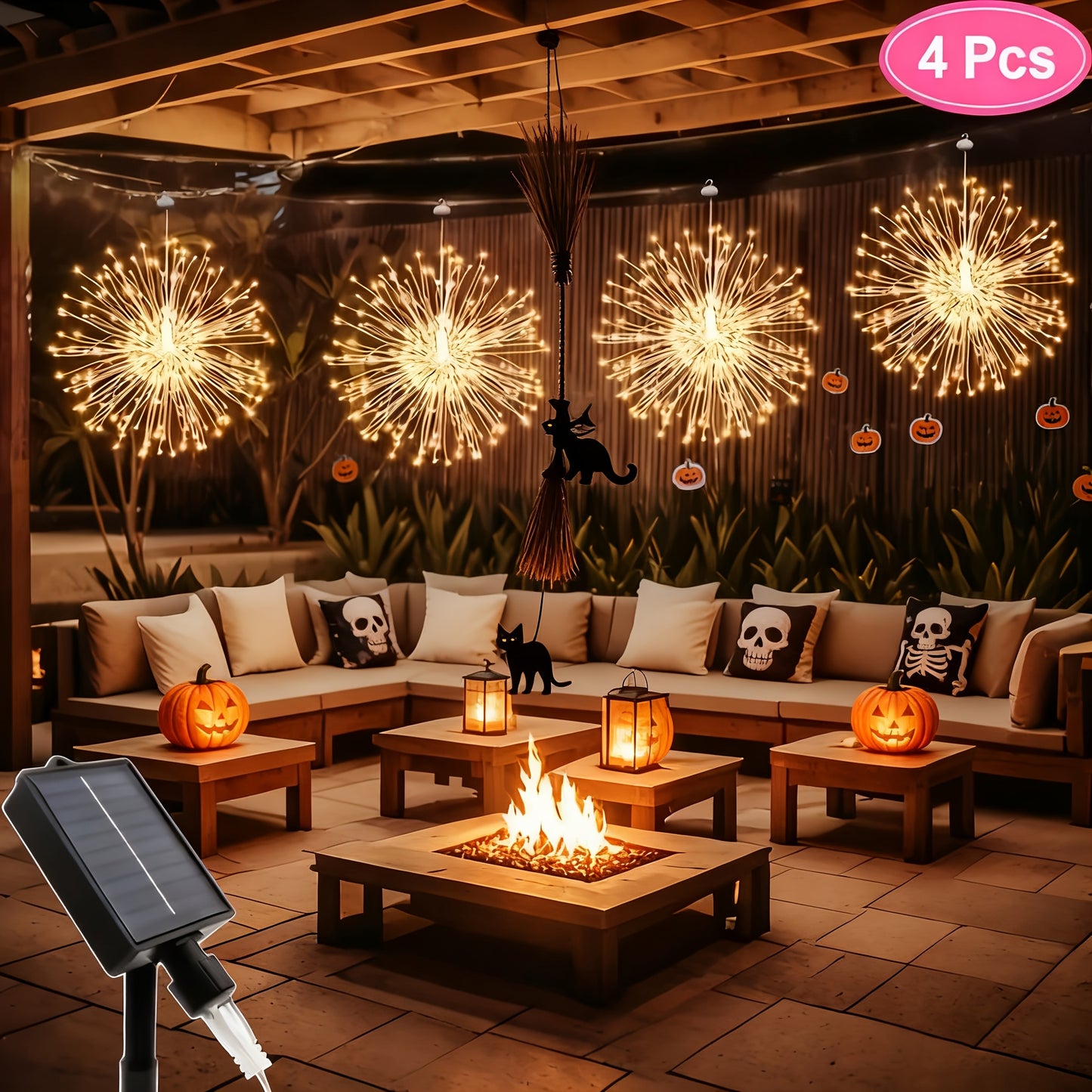 4/5pcs Hanging Solar Powered Outdoor Firework Lights, 240/360/450 LED Sparkling Starburst Sphere Lights, Warm White/Multicolor/White, 8 Modes Copper Wire Fairy Lights For Patio, Umbrella, Eave, Garden, Tree, Tent, Christmas,