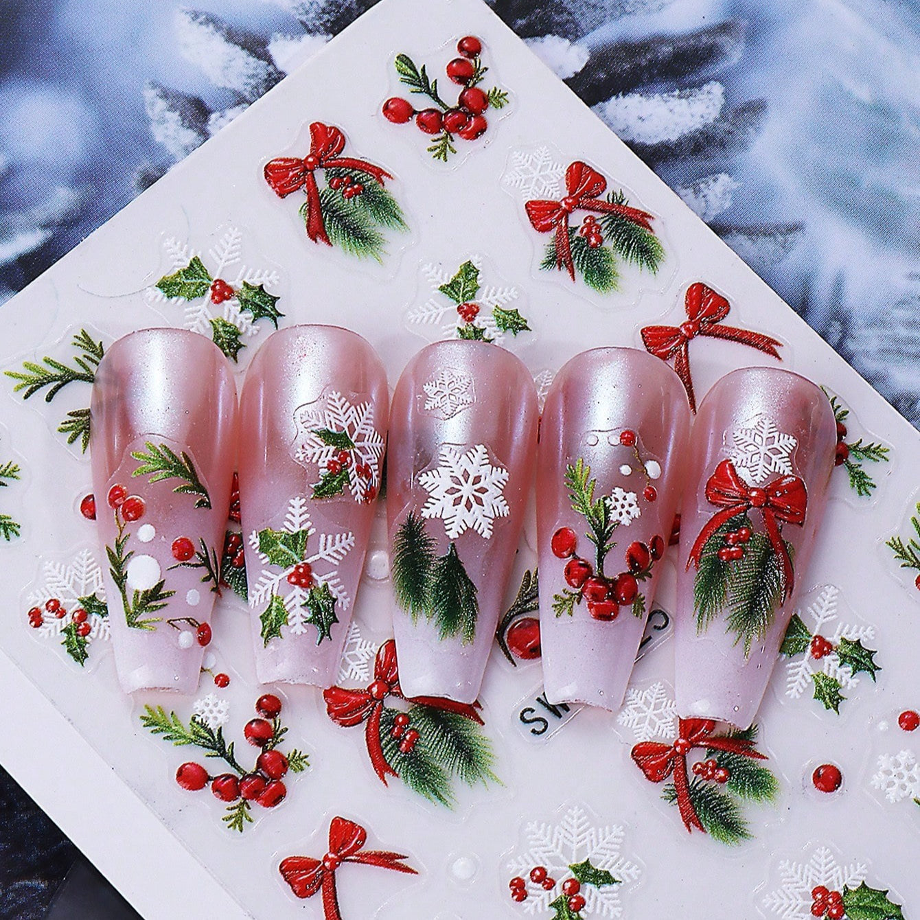 2pcs Self-Adhesive 5D Embossed Christmas Nail Stickers - Red & Golden Holly Berry Snowflake 3D Decals, DIY Winter Nail Art with Sliders for Press-On Nails, Glossy (No Glue) - Plastic Holiday Manicure for Parties & Gifts