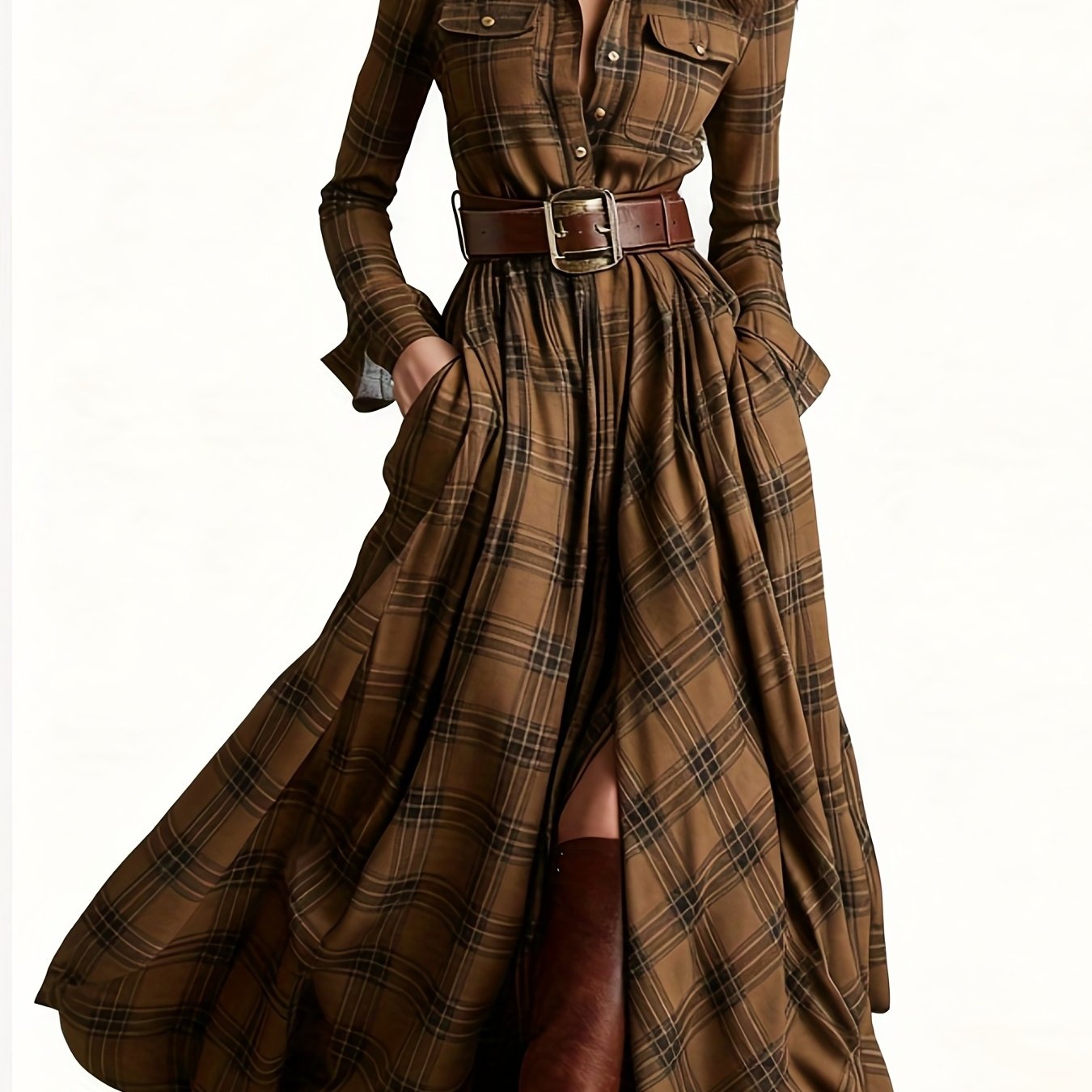 Women'S Vintage Shirt Dress - Long Formal & casual dresses with Turn- Collar, Flared Hem, All-Season Elegant office party Outfit in Brown/Red Plaid - Non-Padded Retro Attire