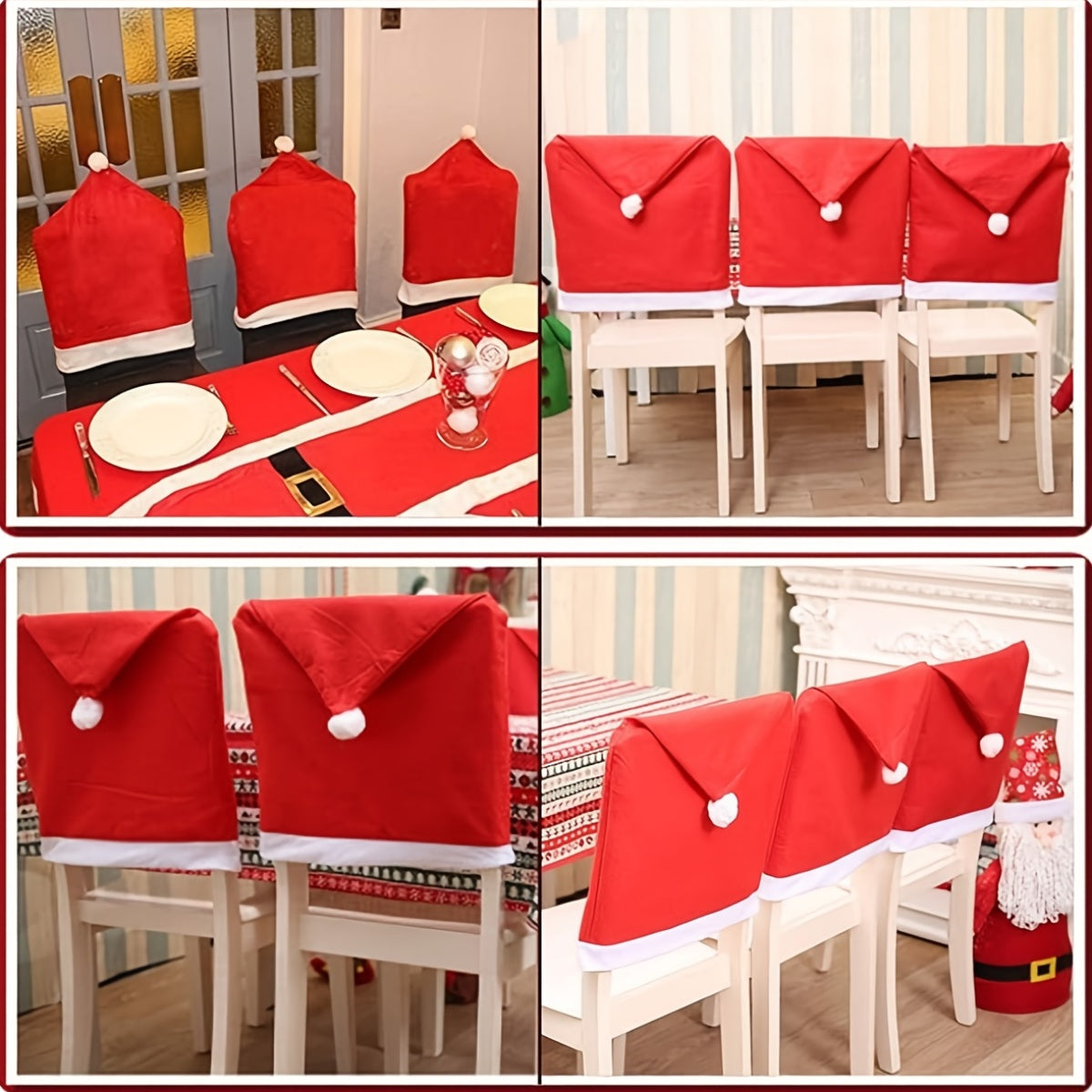 [Festive Red Chair Covers] 4pcs Festive Red Chair Covers with Santa Hat Design - Polyester, Hand Wash Only, Perfect for Christmas Dining & Living Room Decor, Adds Holiday Cheer to Your Table Setting, Christmas Decorations, Ch