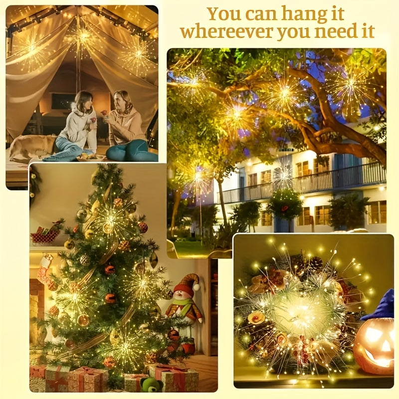 4/5pcs Hanging Solar Powered Outdoor Firework Lights, 240/360/450 LED Sparkling Starburst Sphere Lights, Warm White/Multicolor/White, 8 Modes Copper Wire Fairy Lights For Patio, Umbrella, Eave, Garden, Tree, Tent, Christmas,