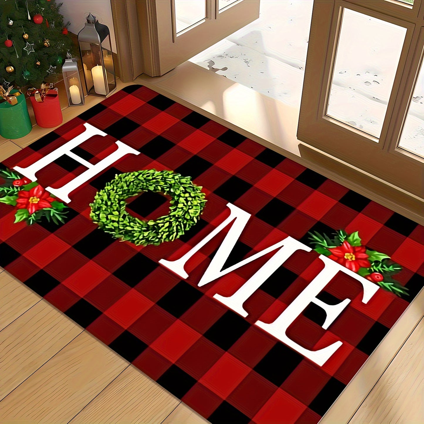 [Festive Christmas Doormat] Christmas-Themed Welcome Doormat - 1pc Festive Wreath Design with "HOME" Text | Washable Polyester, Ideal for Entryway, Bedroom, Bathroom, Kitchen, Laundry Room - Holiday Home Decor, Christmas Deco