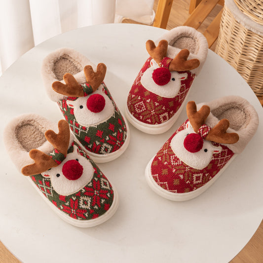 Christmas Reindeer Plush Slippers – Cozy Fleece-Lined Indoor Shoes for Couples