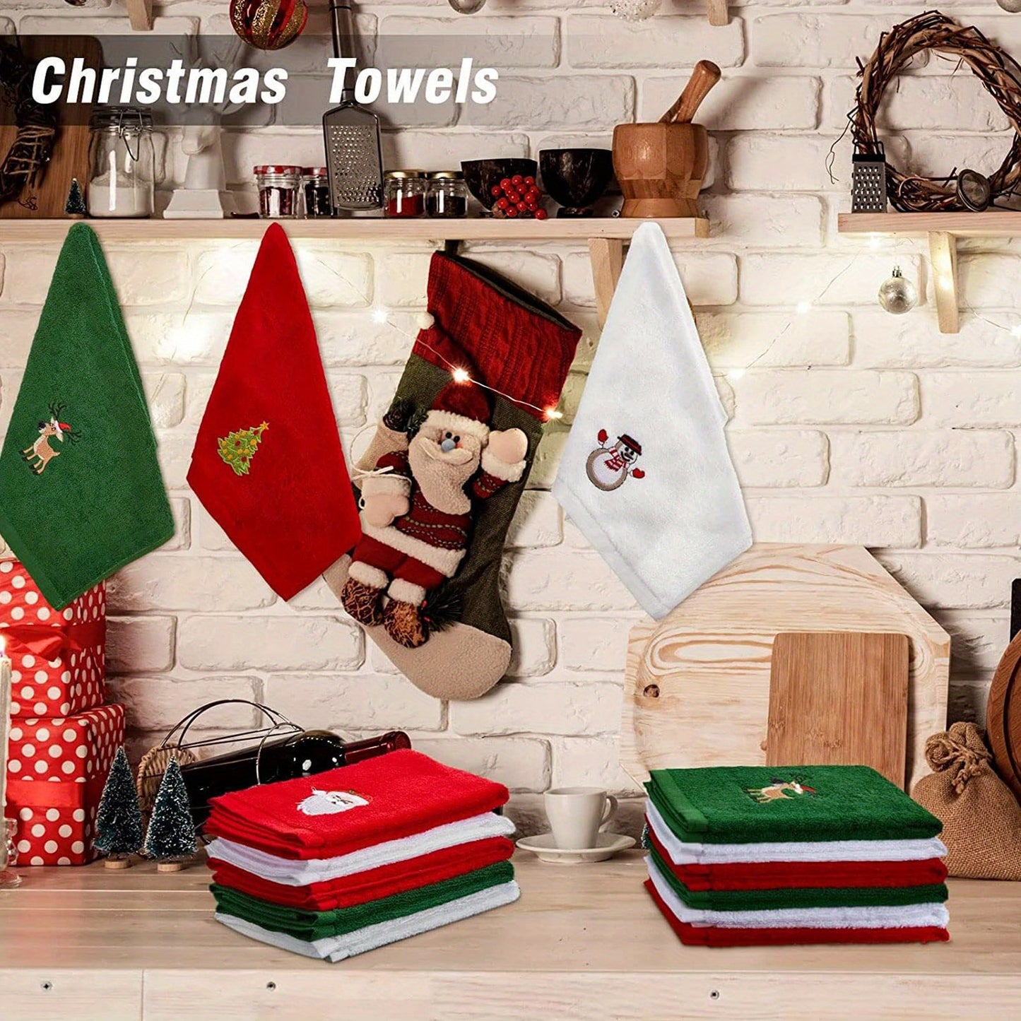[Christmas] Set of Three Decorative Hand Towels for Christmas Featuring Embroidered Designs of Santa Claus, a Reindeer, a Snowman, And a Christmas Tree. Ideal for Use in The Kitchen Or Bathroom, These Towels Are Perfect for D