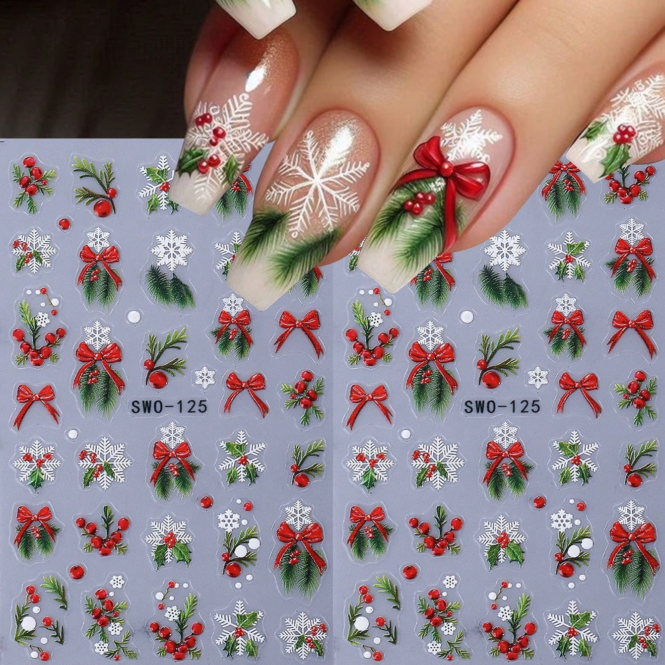 2pcs Self-Adhesive 5D Embossed Christmas Nail Stickers - Red & Golden Holly Berry Snowflake 3D Decals, DIY Winter Nail Art with Sliders for Press-On Nails, Glossy (No Glue) - Plastic Holiday Manicure for Parties & Gifts