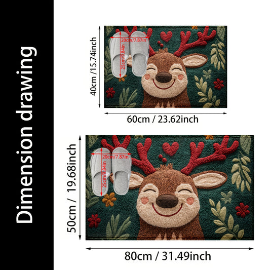 Fluffy Christmas Deer Microfiber Bath Mat - Quick-Dry & Absorbent, Festive Holiday Design with Red Berries & Green Leaves, Perfect for Kitchen & Bathroom Decor, Machine Washable, Christmas Bathroom Decor