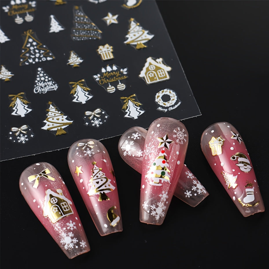 Christmas Nail Stickers with Green Tree, Red Bow & Golden Glitter