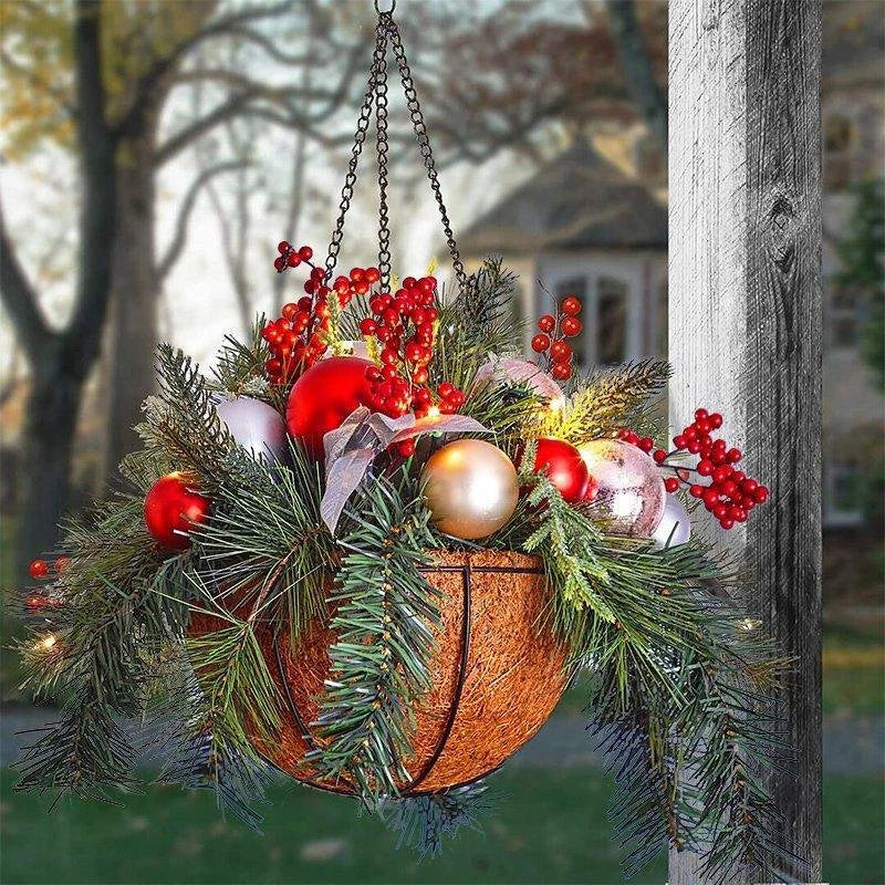 Artificial Christmas Hanging Basket Flocked with Mixed Decorations and LED Lights Hanging Ornament Xmas Home Decor In Stock