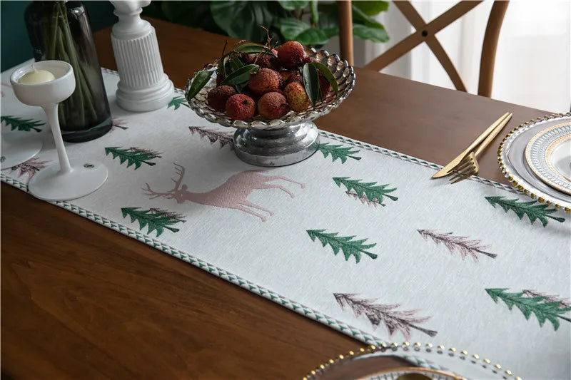 Christmas Tree Table Runner, Winter Holiday Christmas Elk, Dining Cloth Placemat New Year Home Kitchen Rustic Decorations