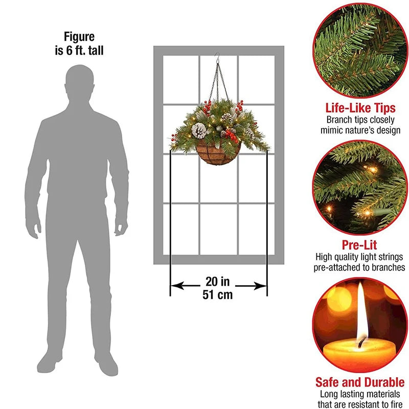 Artificial Christmas Hanging Basket Flocked with Mixed Decorations and LED Lights Hanging Ornament Xmas Home Decor In Stock